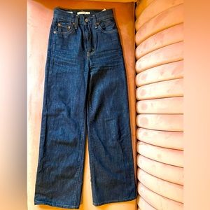 Levi’s Ribcage Wide Leg Jeans Size 23. 28” inseam; dark blue, copper details.